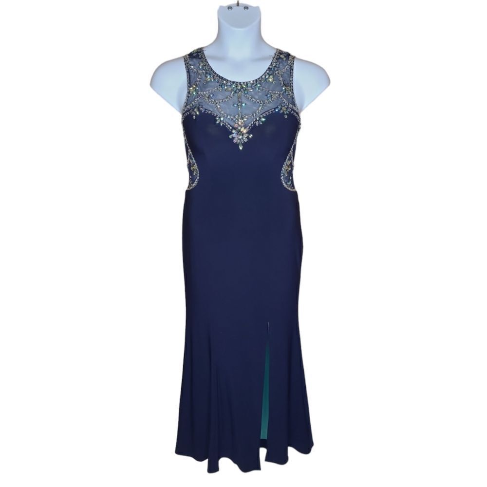 BETSEY & ADAM navy blue beaded illusion back maxi dress gown 6‎